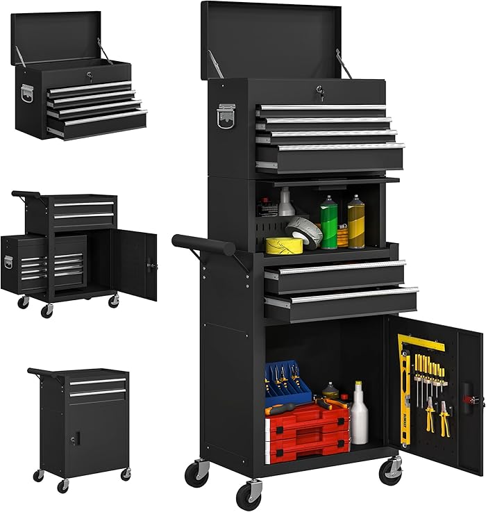 HOMCOM Lockable Steel Workshop Trolley Tool Trolley