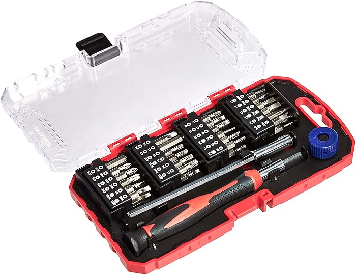 Amazon Basics Coffret tournevis de pr&eacute;cision et embouts, 51 pi&egrave;ces, Noir, Rouge, Argent&eacute;