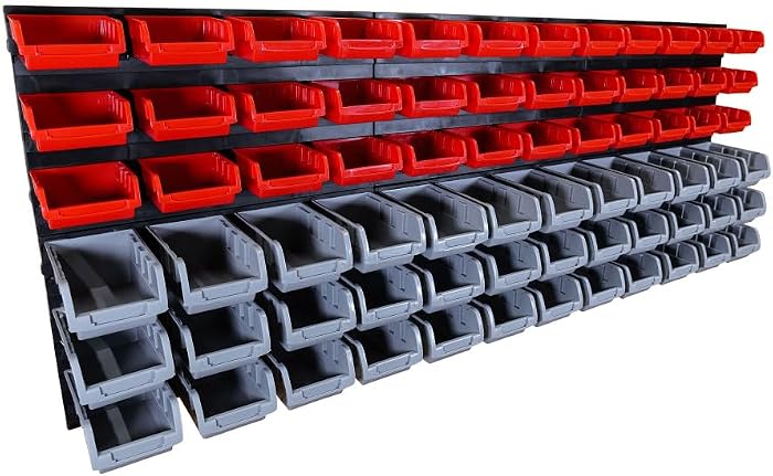Etagère murale rangement outils - 72 bacs de rangement empilables - 6 panneaux