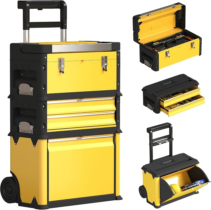Vérifiez la modularité du HOMCOM Set of 3 Stackable Modular Tool Boxes on Wheels
