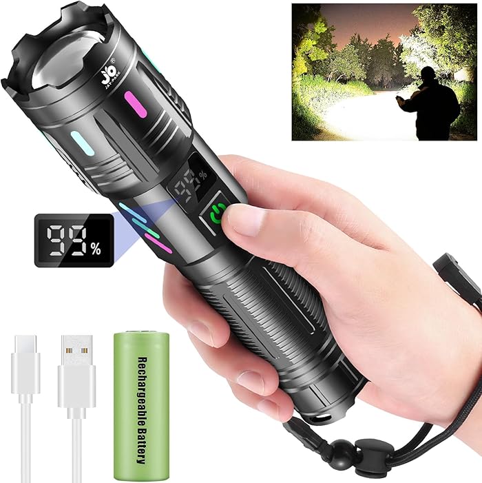 JAY-PARK Lampe Torche LED Ultra Puissante 1000000 Lumens, Rechargeable, Longue PortÃ©e, 5 Modes D'Ã©clairage, Zoomable