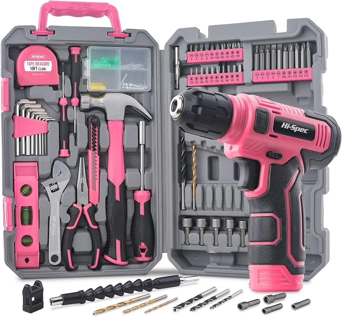 Hi-Spec Kit d’outils Rose avec perceuse-visseuse sans fil 8V rechargeable USB | Mallette à outils compacte de 70 pièces pour le bricolage, les réparations et l'entretien domestique, rose