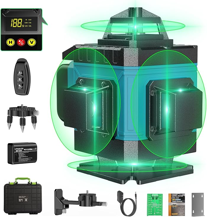 Niveau laser chantier autonivelant 360&deg; x 4 - 16 lignes 4D, Autonivellement, Mode Puls&eacute; ext&eacute;rieur, 2 batteries, support rotatif, t&eacute;l&eacute;commande