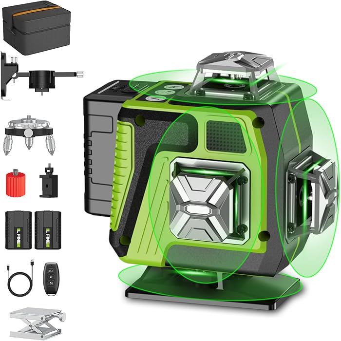 Niveau Laser Vert 4 x 360°, Horizontal Vertical 4D 16 Lignes avec Fonction d'auto Nivellement, Support Magnétique, Télécommande, 2 x Batteries